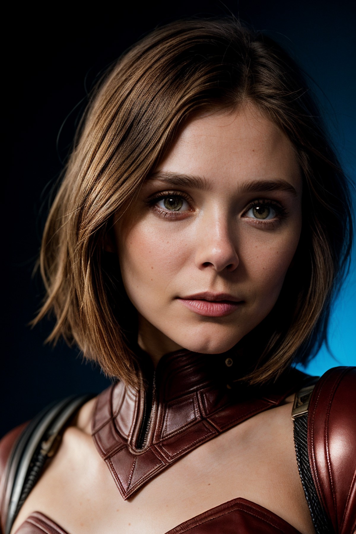 photo of (el10lsen-130:0.99), closeup portrait, perfect short hair, (modern photo, red leather superhero outfit), 24mm, (a...